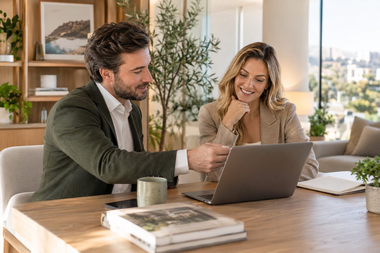 Zwei Berater besprechen gemeinsam ein Website-Konzept am Laptop.